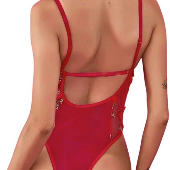 Medium Lingerie Bodysuit Butterfly Teddy Gold Red Embroidered - Picture 3 of 6